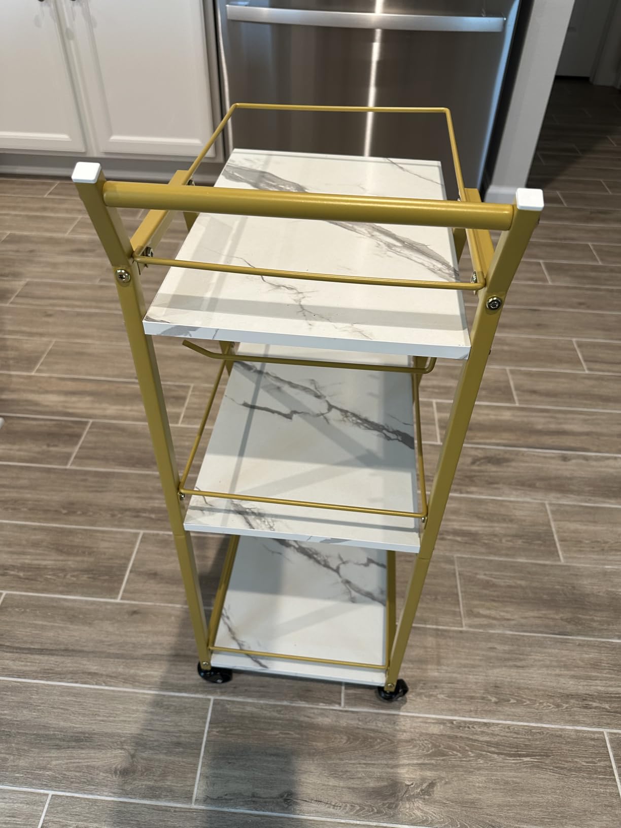 YATINEY Bar Cart, 3-Tier Home Bar Serving Cart with Wheels, Drink Cart with Glass Holder, Beverage Cart, Rolling Kitchen Cart, for Home, Living Room, Marble Black and Black BC03BM customer photo 1