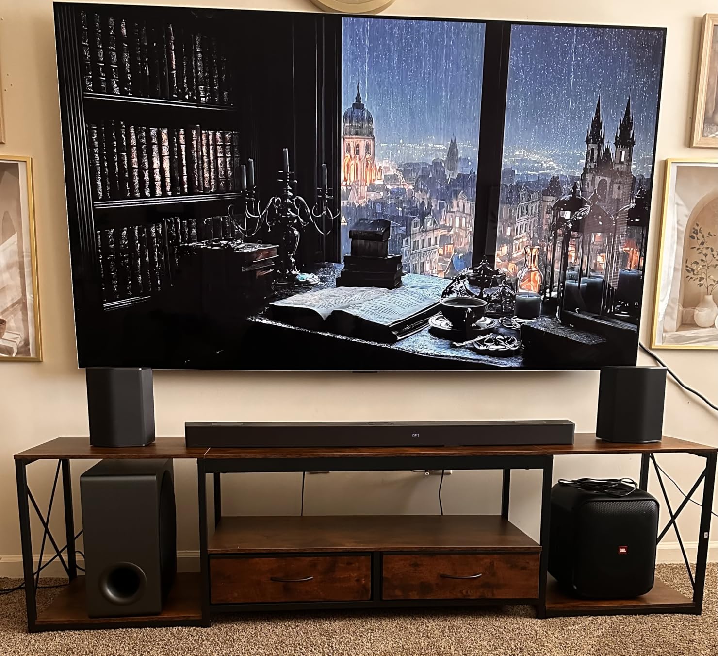 GYIIYUO TV Stand with Fabric Drawer - Entertainment Center and Industrial TV Console Table with Open Storage Shelves for Living Room, Bedroom - 55.1