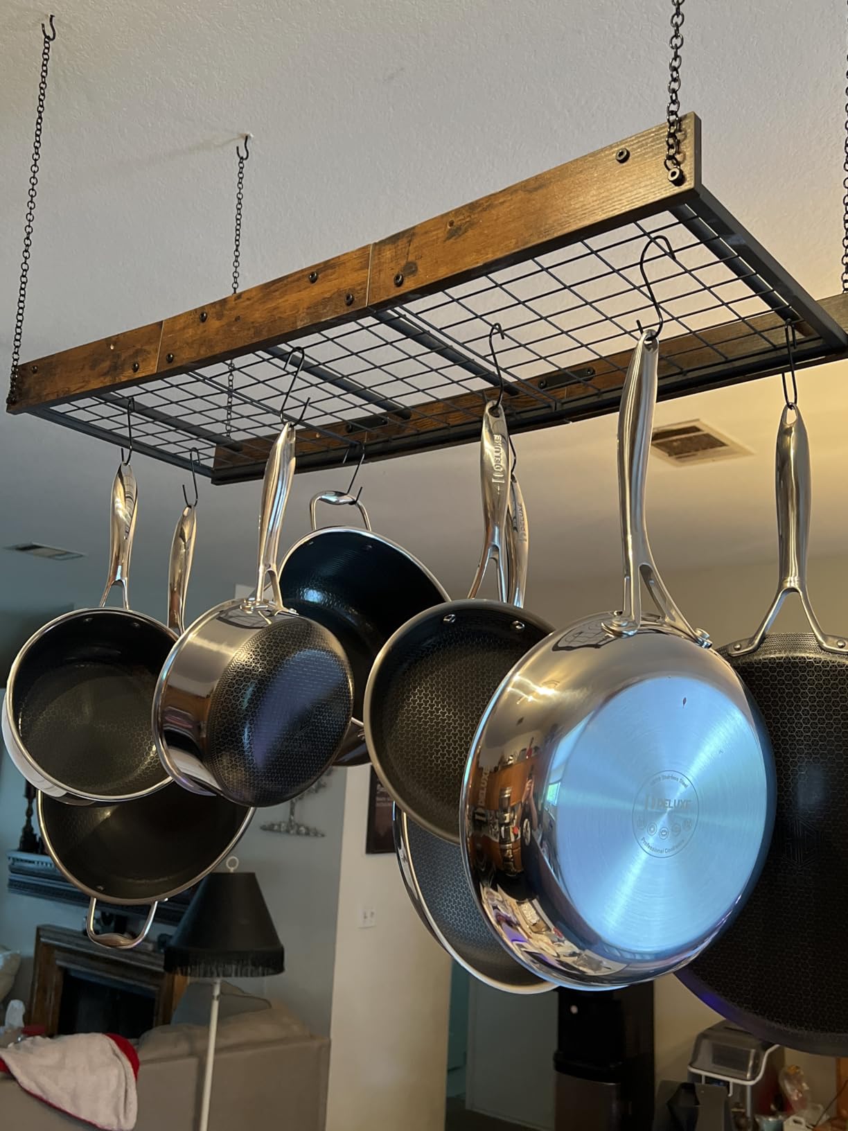 CHOEZON Hanging Pot Rack, Vintage Pot Hangers for Kitchen, Ceiling Mounted Pot Rack, Pot and Pan Hanging Rack with 12 S-Shaped Hooks, for Cookware Storage, Rustic Brown and Black TPR01BF customer photo 1