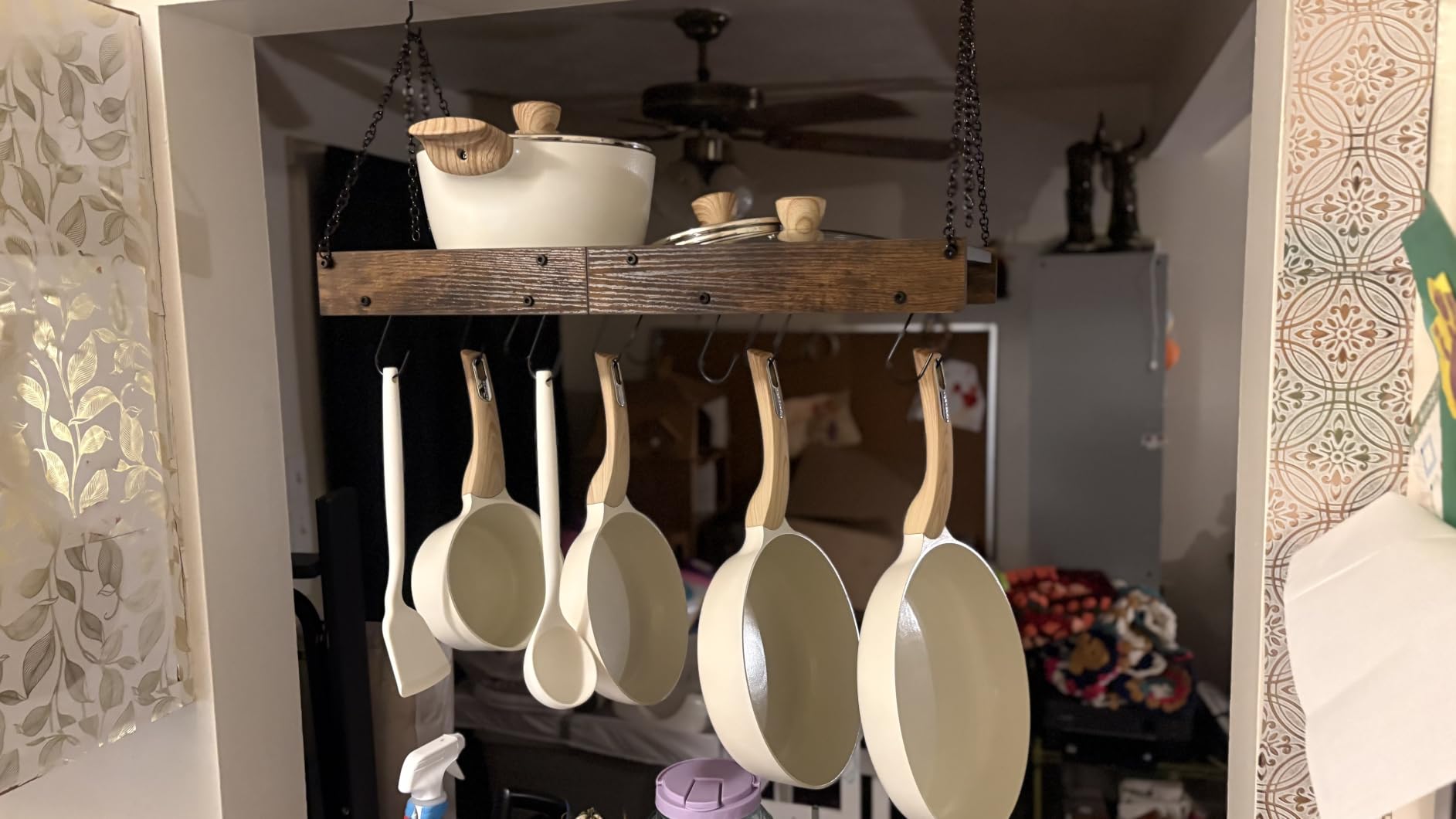CHOEZON Hanging Pot Rack, Vintage Pot Hangers for Kitchen, Ceiling Mounted Pot Rack, Pot and Pan Hanging Rack with 12 S-Shaped Hooks, for Cookware Storage, Rustic Brown and Black TPR01BF customer photo 2