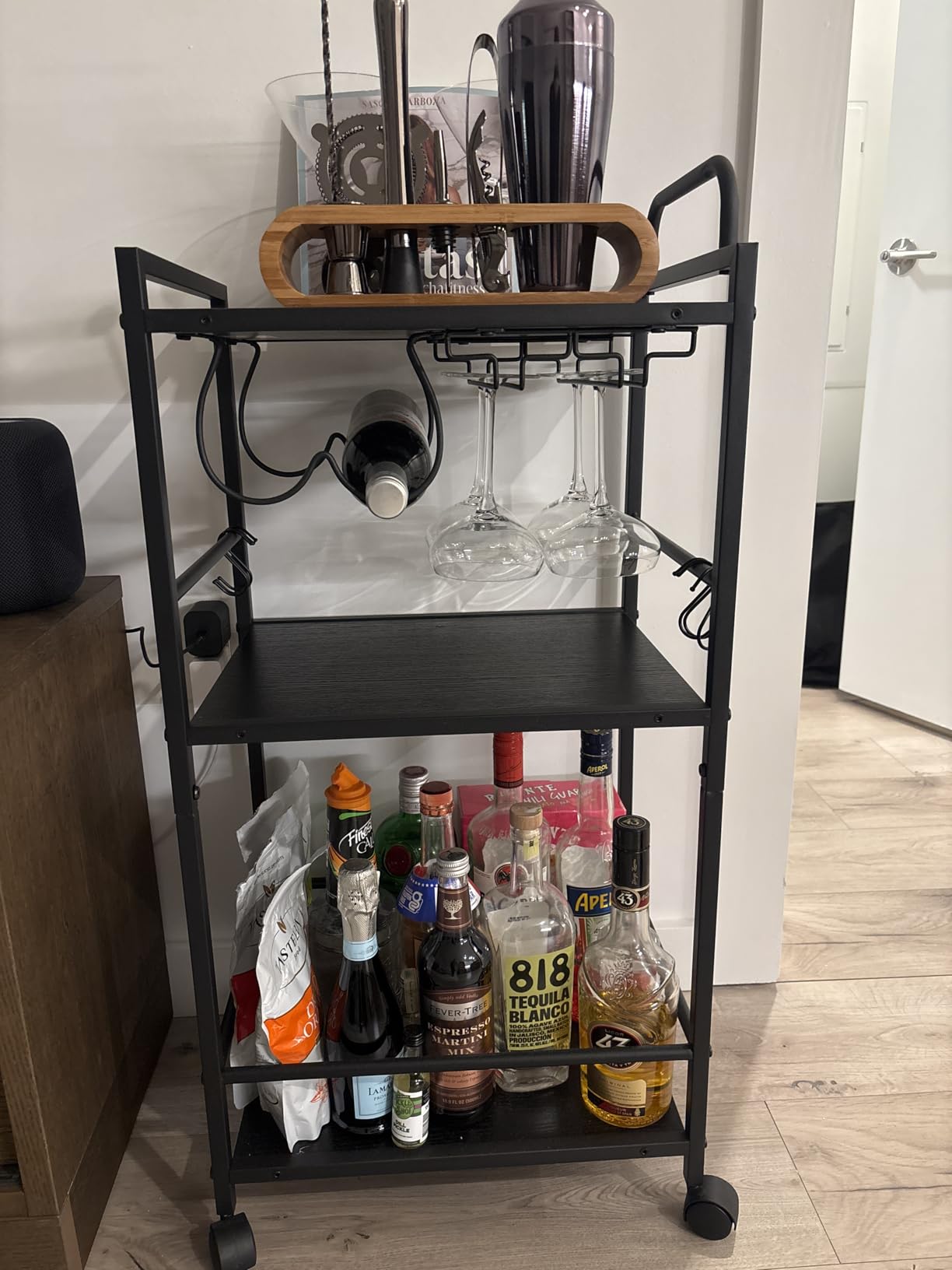 Bar Cart for The Home, 3 Tier Kitchen Carts with Wheels, Small Rolling Cart with Glass Holders, Wine Rack, Mini Bar Cart for Kitchen, Dining room, Living Room, 13.0