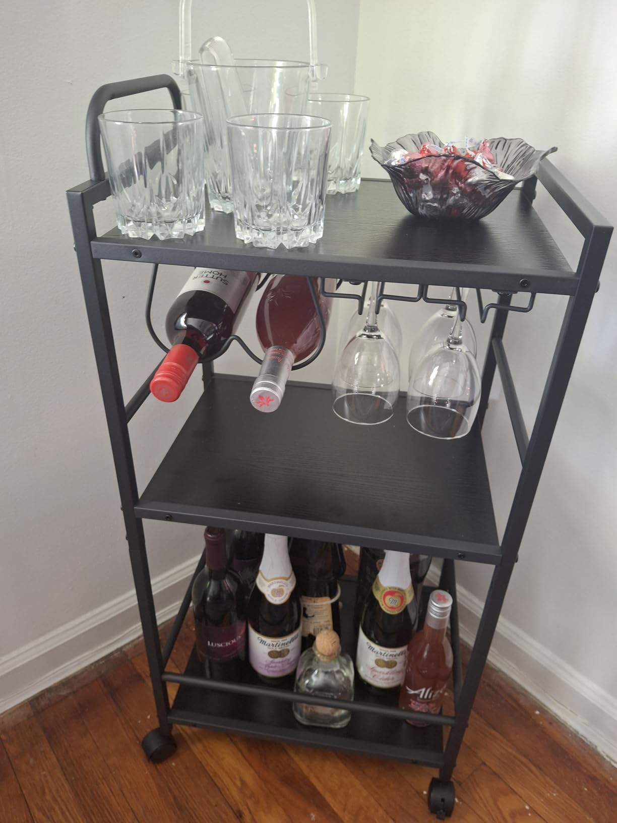 Bar Cart for The Home, 3 Tier Kitchen Carts with Wheels, Small Rolling Cart with Glass Holders, Wine Rack, Mini Bar Cart for Kitchen, Dining room, Living Room, 13.0