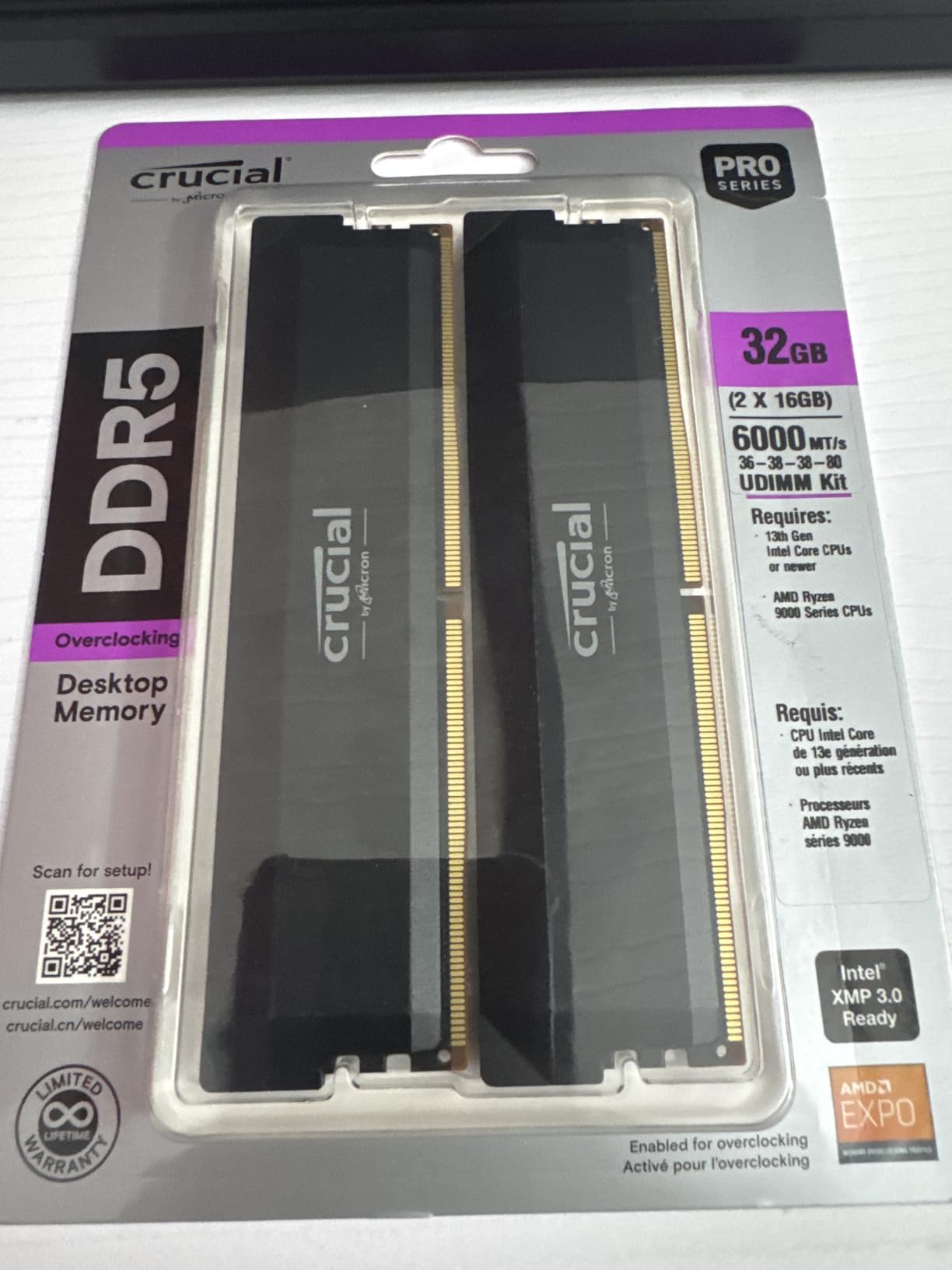Crucial Pro 32GB DDR5 RAM Kit (2x16GB),CL36 6000MHz, Overclocking Desktop Gaming Memory, Intel XMP 3.0 & AMD Expo Compatible, Black - CP2K16G60C36U5B customer photo 1