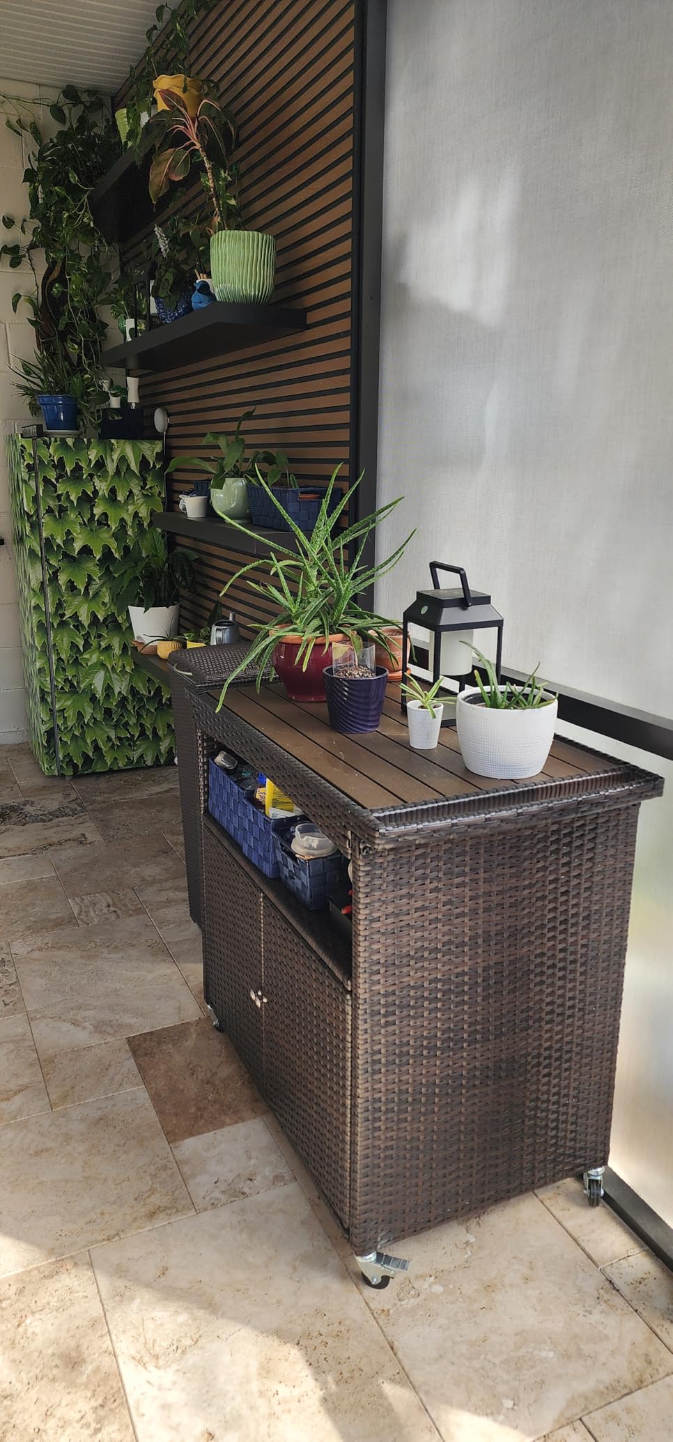 Outdoor Bar Cart with Storage Cabinet Patio Wicker Sideboard Buffet Cabinet Prep Table Outside Kitchen Serving Cart with Rolling Wheels & Handle Rattan Portable Bar Table with Shelves Doors Brown customer photo 1