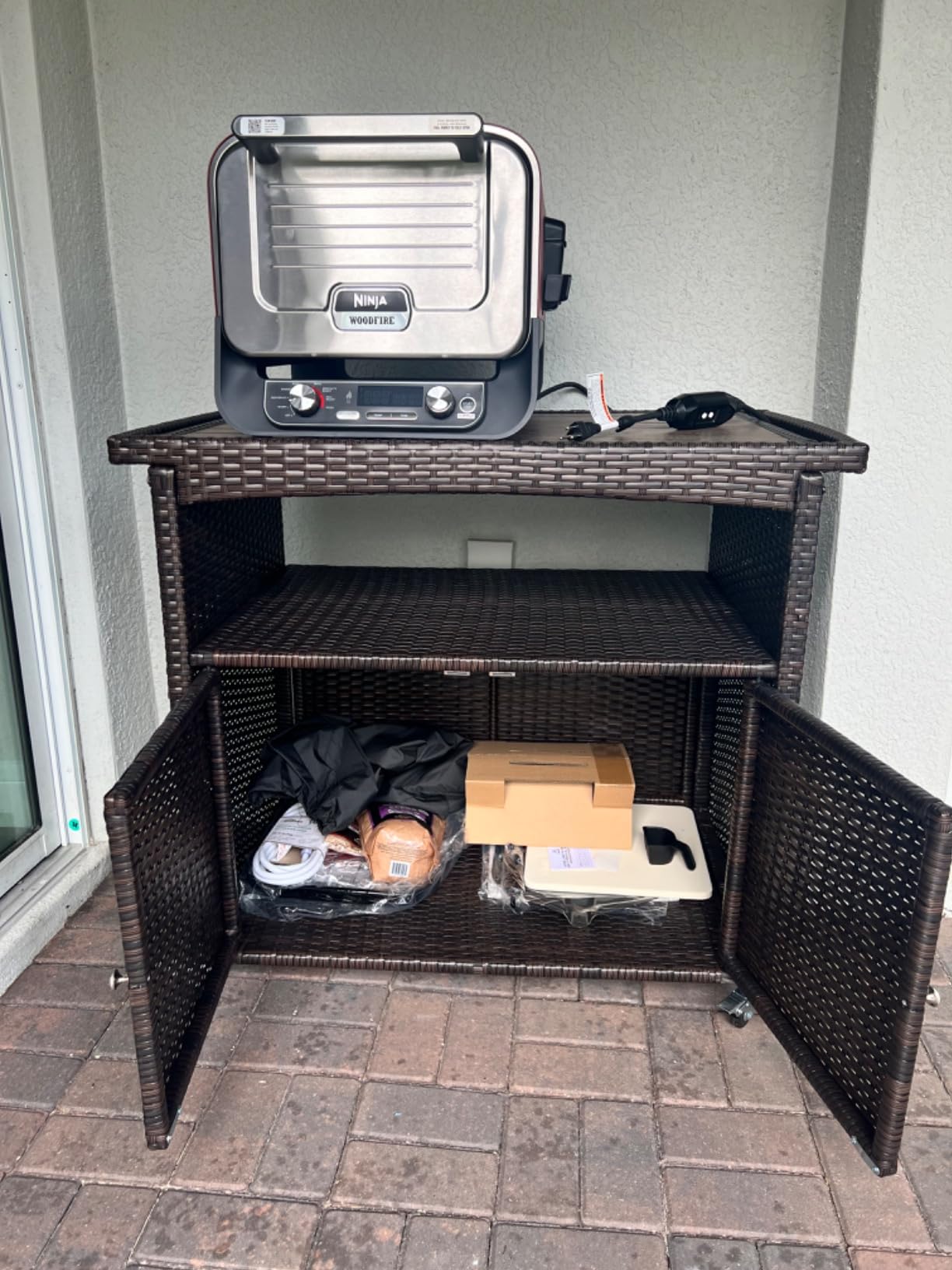 Outdoor Bar Cart with Storage Cabinet Patio Wicker Sideboard Buffet Cabinet Prep Table Outside Kitchen Serving Cart with Rolling Wheels & Handle Rattan Portable Bar Table with Shelves Doors Brown customer photo 2