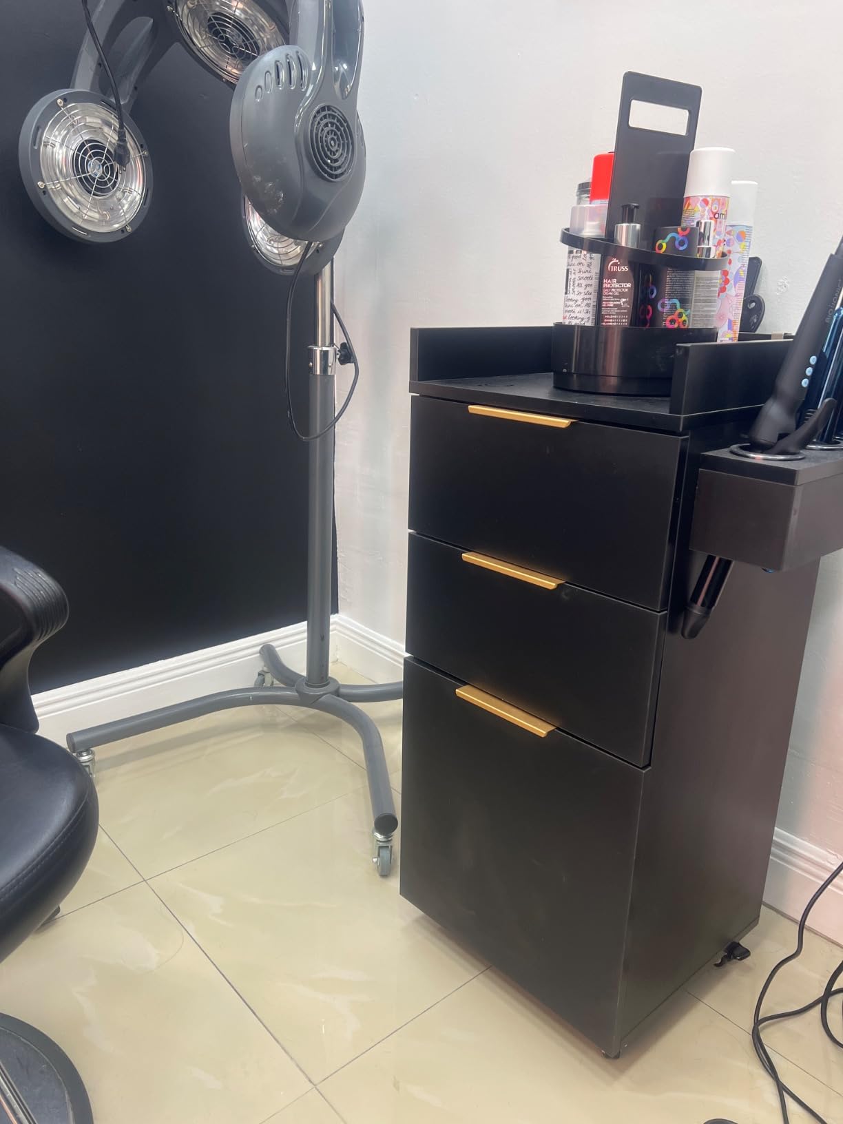 OmySalon Salon Cart with Wheels, 3-Tier Rolling Hair Styling Station, 2 Drawers & Adjustable Shelf, Hair Dryer Holder, Mobile Organizer for Salon, Barber, Spa, Nail & Beauty Tools, Black customer photo 1