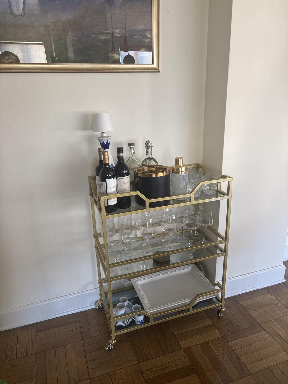 Square Gold Bar Carts with 3 Tier Storage Glass Shelves Holder Home Serving Bar Carts on Wheels for Kitchen, Bar, Dinning Room customer photo 1