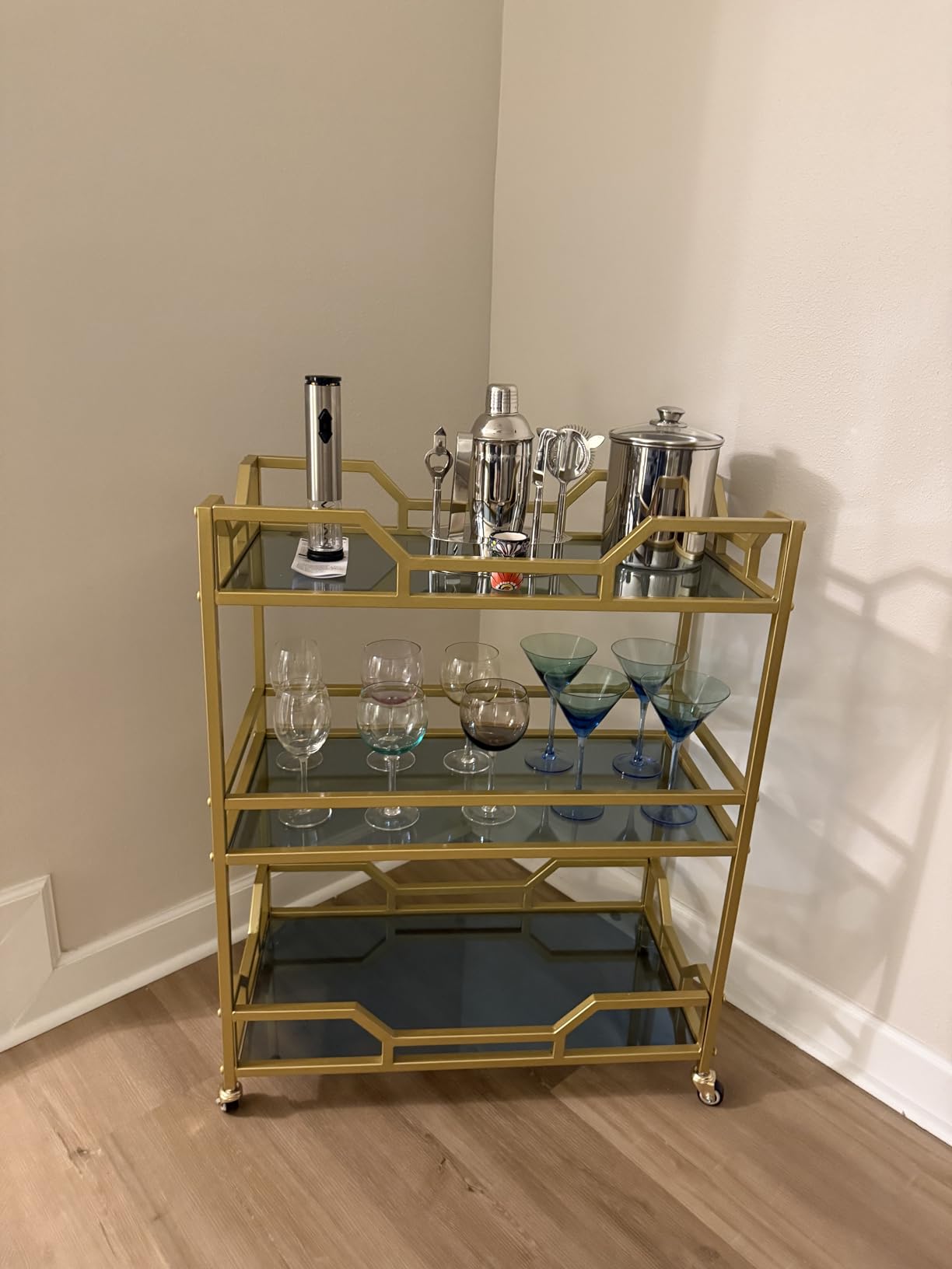 Square Gold Bar Carts with 3 Tier Storage Glass Shelves Holder Home Serving Bar Carts on Wheels for Kitchen, Bar, Dinning Room customer photo 2