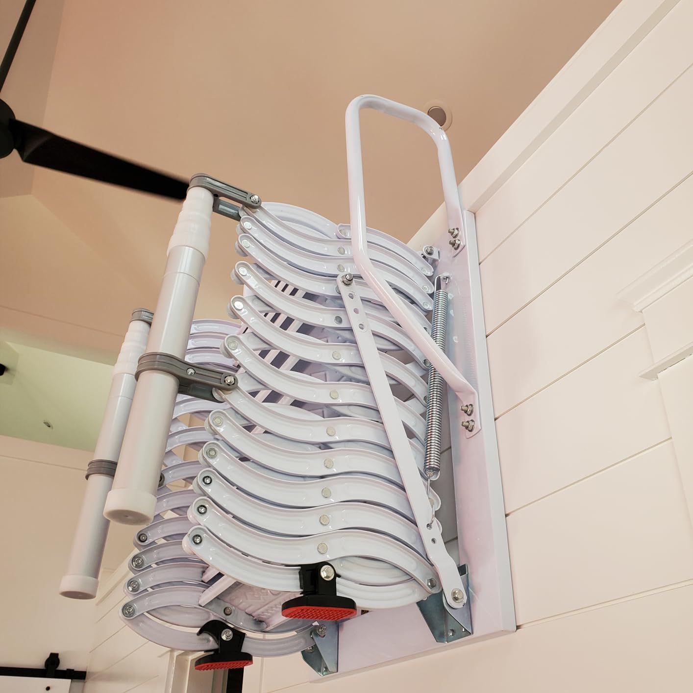 12 Steps Attic Stairs,Wall Mounted Folding Loft Ladder,Retractable Collapsible Stairs,Extension Steps Ladder with Armrests,Telescoping with Pulldown System (White, Step 12) customer photo 2