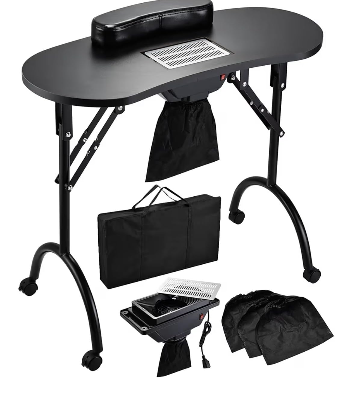 Faquenc Nail Table with Nail Dust Collector, Portable Nail Desk Rolling Manicure Table for Nail Tech Travel Nail Station Professional Foldable Nail Salon Table with Cacuum,Arm Rest,Lockable Wheels,Bag customer photo 1