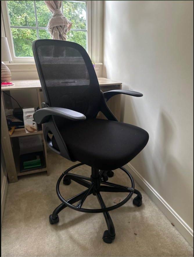 ORRSAKER Drafting Chair, Tall Office Chair with Flip-up Arms, Mesh Ergonomic Computer Standing Desk Chair with Adjustable Height Foot Ring and Lumbar Support, 300 LBS Capacity, Black customer photo 2