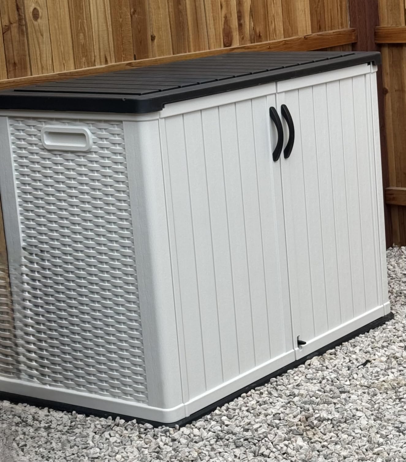 Devoko Outdoor Storage Cabinet 26 Cu Ft with Lockable Doors, Horizontal Storage Shed Waterproof Patio Tools Storage Box for Sofa Cushions, Gardening Tools and Accessories (White) customer photo 1