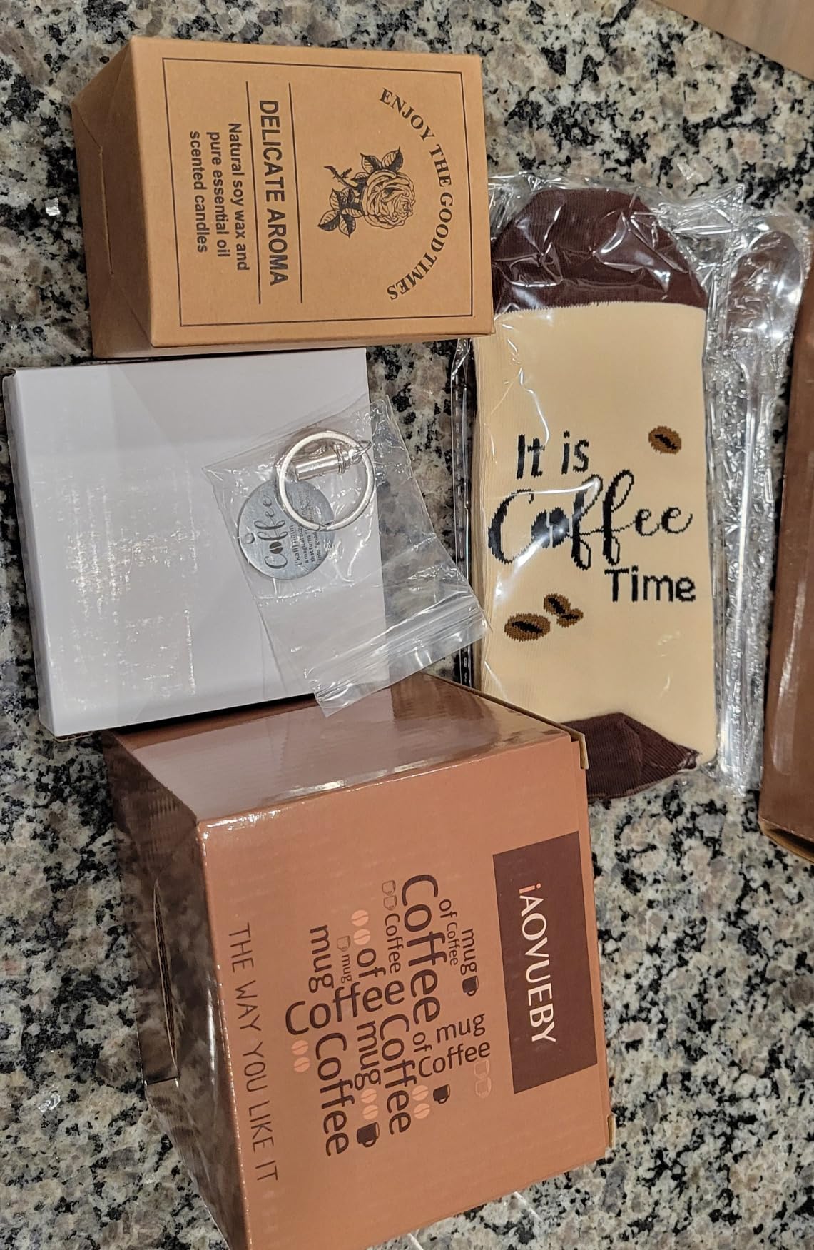 iAOVUEBY Coffee Gifts, 6PCS Coffee Gift Basket, Coffee Lover Gift Set Includes Coffee Mug Spoon Rest Holder Coffee Socks Keychain, Birthday Christmas Gift for Women Men Coffee Lover Friends customer photo 1