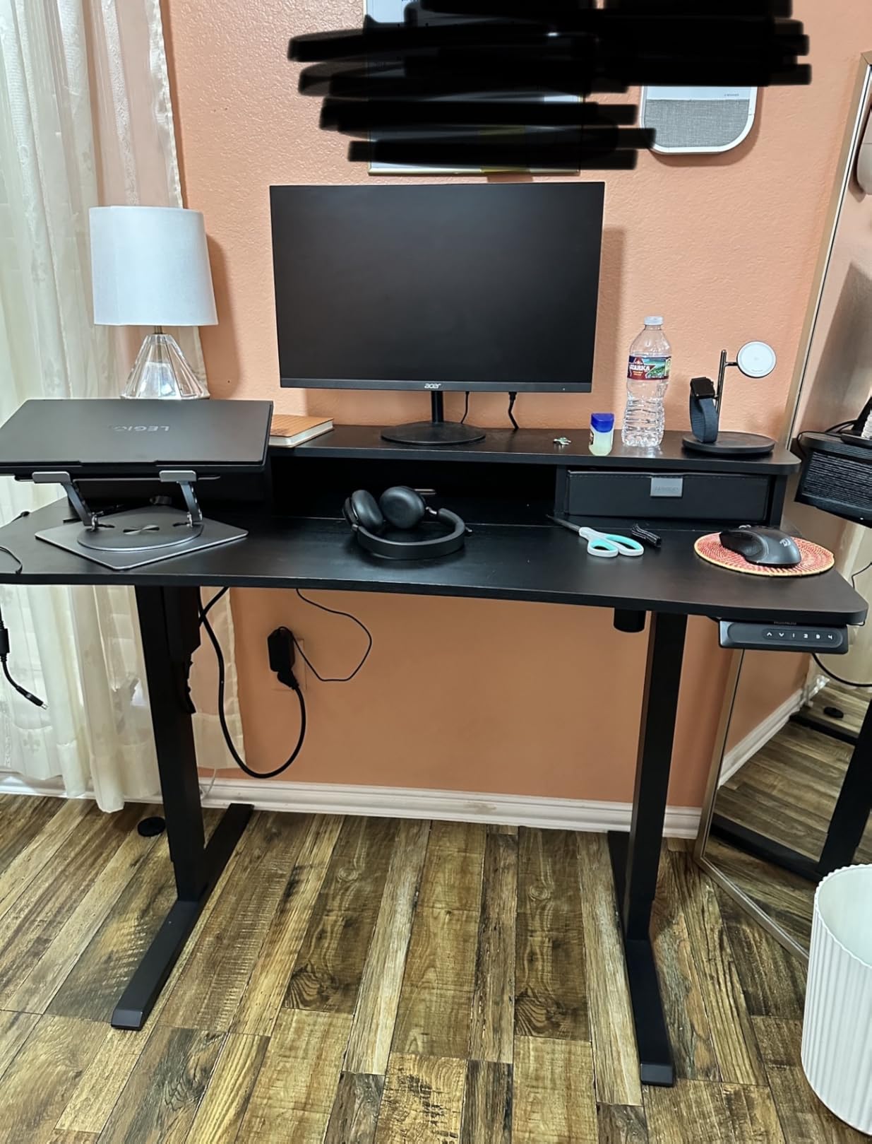 HUANUO 60″ x 30″ Electric Standing Desk with 2 Drawers, C-Clamp Mount Compatible, Height Adjustable Computer Desk, Home Office Stand Up Desk with 4 Preset Heights & 2 Hooks, Black customer photo 2