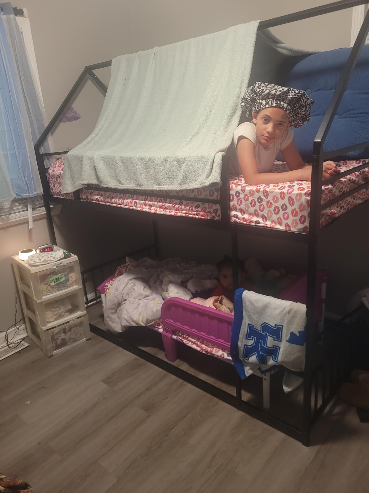 LIKIMIO Bunk Bed Twin Over Twin, House Bunk Bed Frame with Ladder, White | Twin Over Twin Bunk Bed. Metal frame with guardrails. House shaped with Metal Slats for bedroom. No box spring. Space Saving customer photo 2