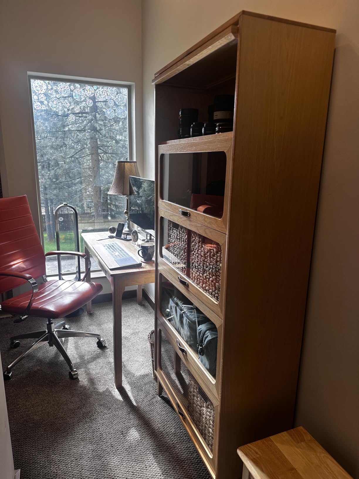 Solid Wood Book Case 5 Tier Bookcase with Tempered Clear Glass Flip-Up Doors Bookshelves Brown natural wood Bookshelf Versatile Pantry Cabinet with Storage Home Office (log color D14xW32xH72 inch) customer photo 1