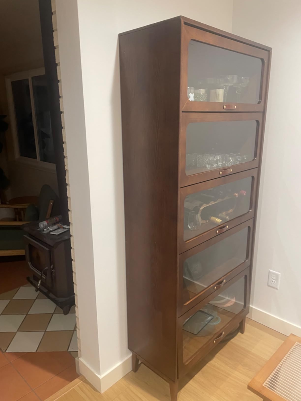 Solid Wood Book Case 5 Tier Bookcase with Tempered Clear Glass Flip-Up Doors Bookshelves Brown natural wood Bookshelf Versatile Pantry Cabinet with Storage Home Office (log color D14xW32xH72 inch) customer photo 2