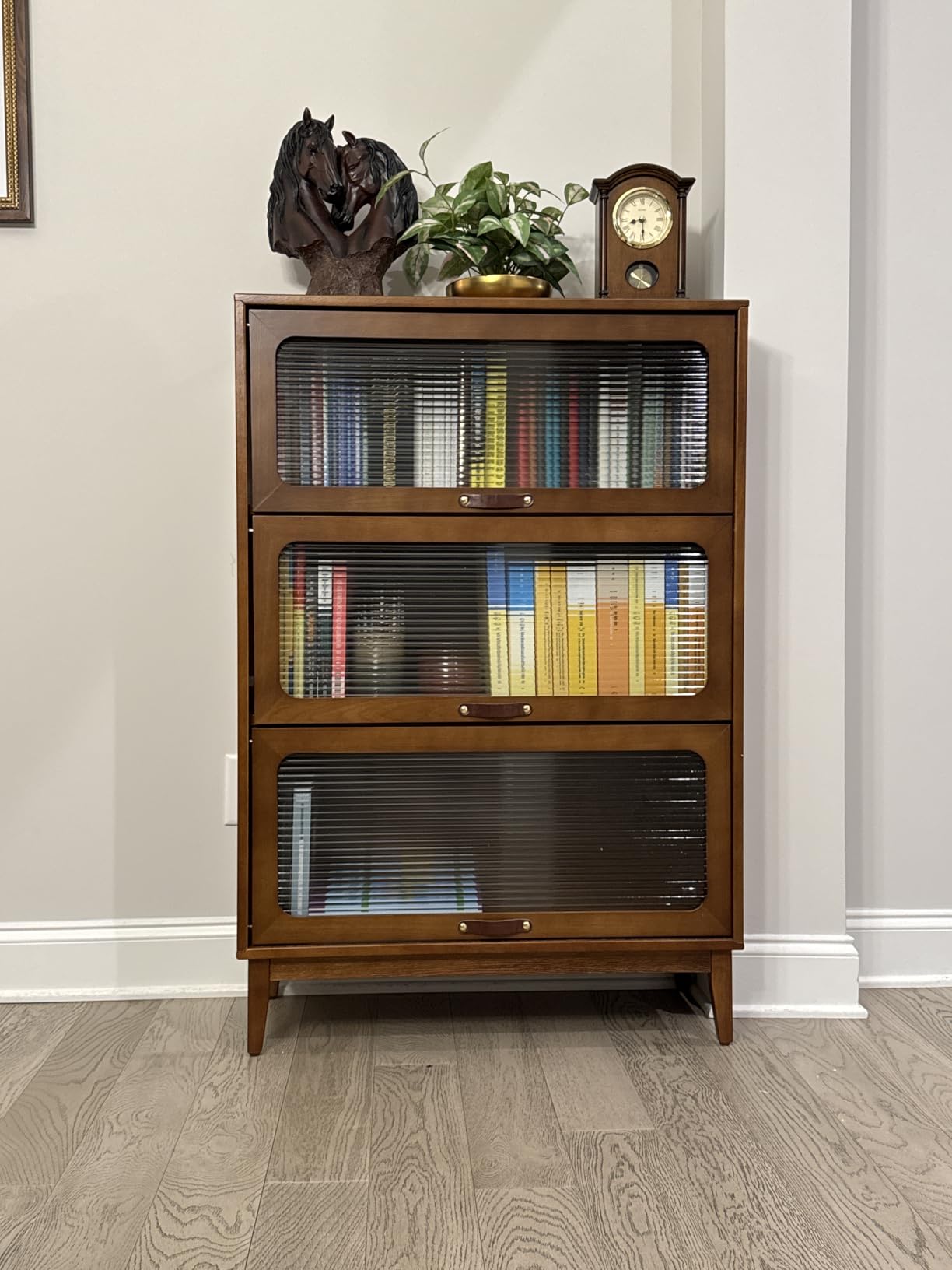 Wooden Bookcase with Tempered Glass Doors, Large Solid Wood Bookshelf Glass Front Bookshelves flip top Display Cabinet case Hidden Doors for Apartments, Home Offices 5 tire(WALUNT, 71'H*31.5'W*15'D) customer photo 2