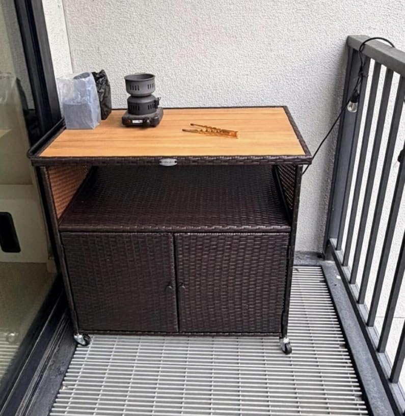 HAPPYGRILL Outdoor Storage Cabinet with Wheels, PE Rattan Patio Buffet Sideboard Bar Cart for Garden, Backyard & Poolside customer photo 2