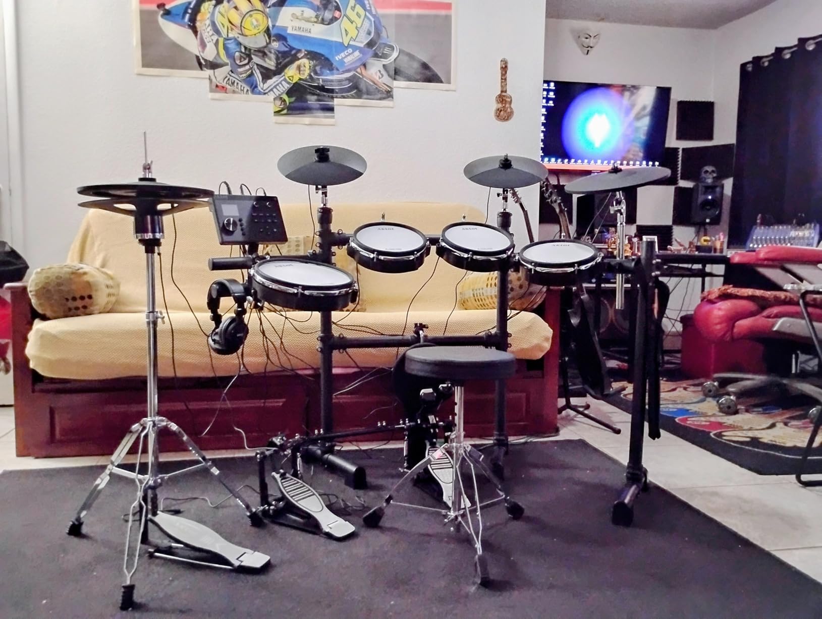 AKLOT Expanded-Size Electric Drum Set: 12'' Two-Piece Standalone Hi-Hat, Independent Kick Drum and 10'' Dual-Zone Snare, 12'' Triple-Zone Ride Cymbal, All Mesh Heads, 460 Sounds, Mesh Bass Drum, White customer photo 2